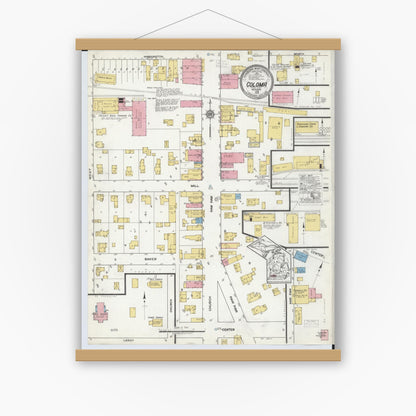 Old map wall art mockup — magnetic wood frame on white wall — Sanborn Fire Insurance Map from Coloma, Berrien County, Michigan (1918), Sheet #0001