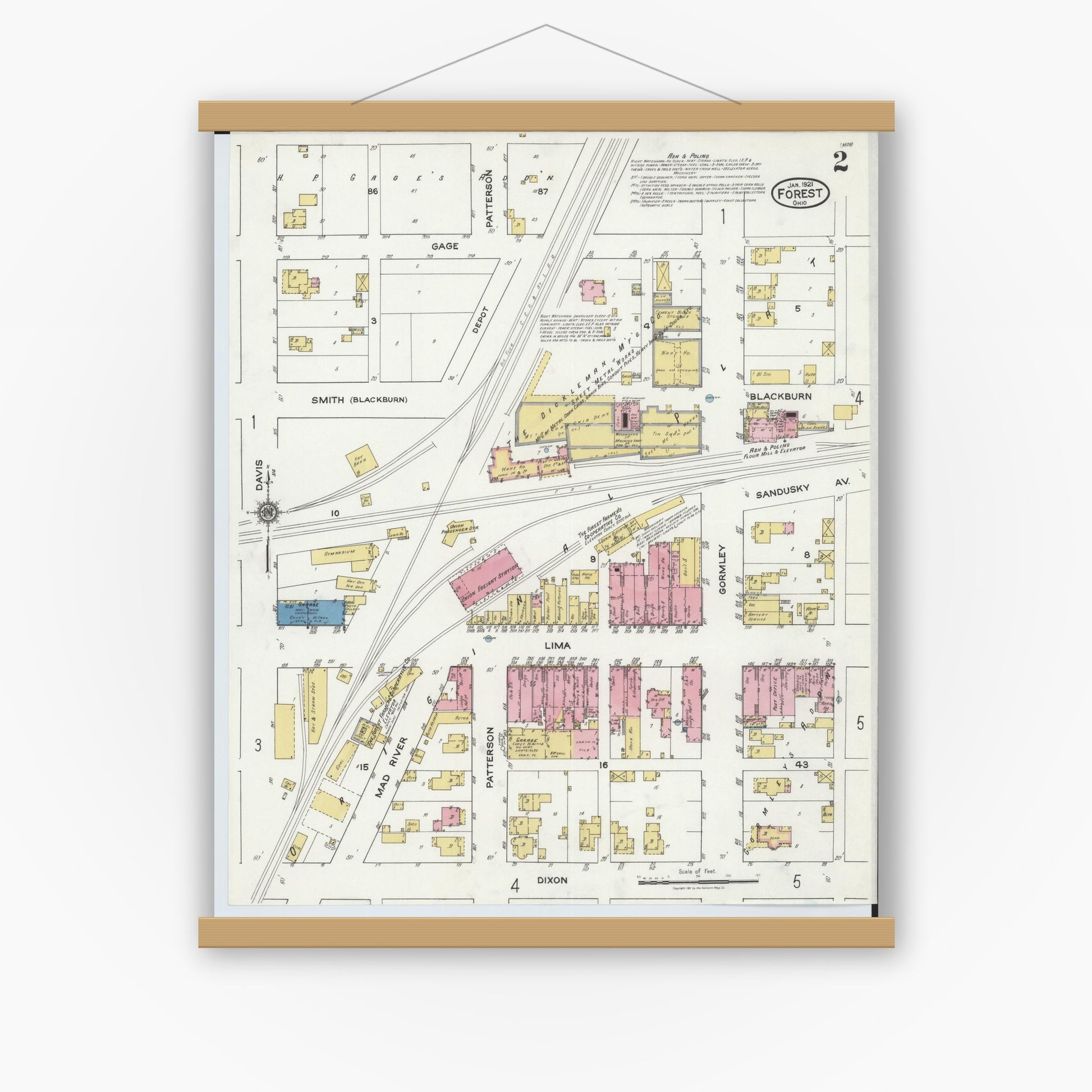 Old map wall art mockup — magnetic wood frame on white wall — Sanborn Fire Insurance Map from Forest, Hardin County, Ohio (1921), Sheet #0002