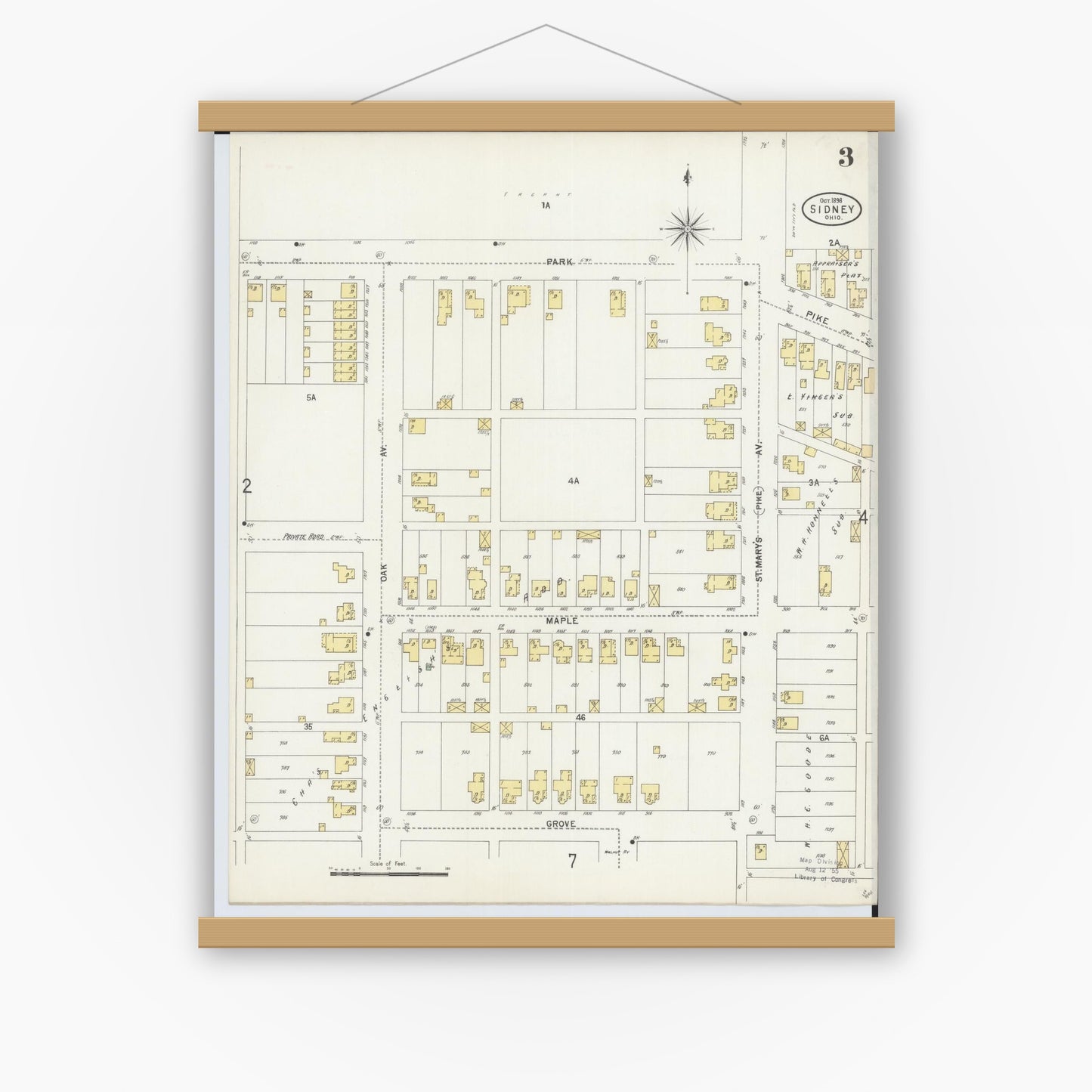 Old map wall art mockup — magnetic wood frame on white wall — Sanborn Fire Insurance Map from Sidney, Shelby County, Ohio (1898), Sheet #0003