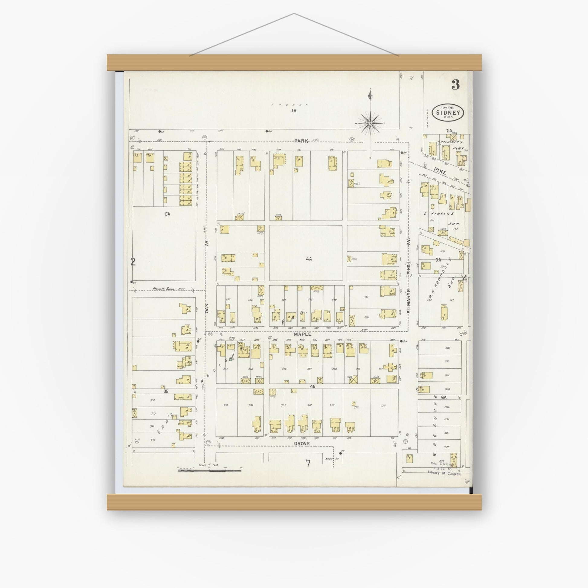Old map wall art mockup — magnetic wood frame on white wall — Sanborn Fire Insurance Map from Sidney, Shelby County, Ohio (1898), Sheet #0003