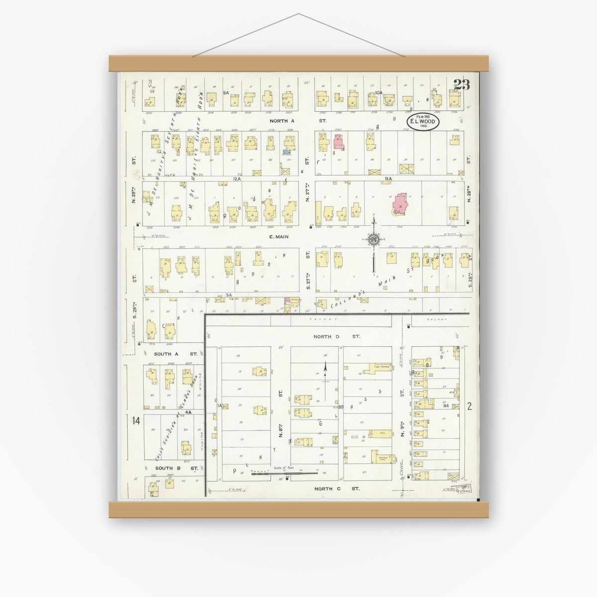 Old map wall art mockup — magnetic wood frame on white wall — Sanborn Fire Insurance Map from Elwood, Madison County, Indiana (1910), Sheet #0023