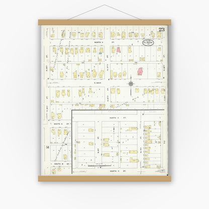 Old map wall art mockup — magnetic wood frame on white wall — Sanborn Fire Insurance Map from Elwood, Madison County, Indiana (1910), Sheet #0023