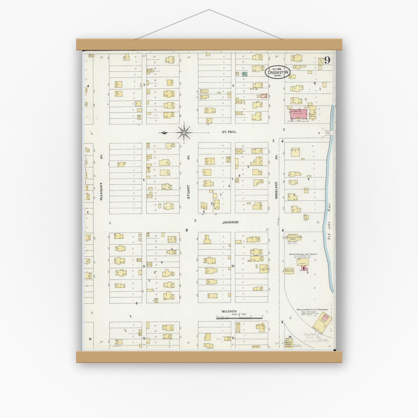 Old map wall art mockup — magnetic wood frame on white wall — Sanborn Fire Insurance Map from Crookston, Polk County, Minnesota (1906), Sheet #0009