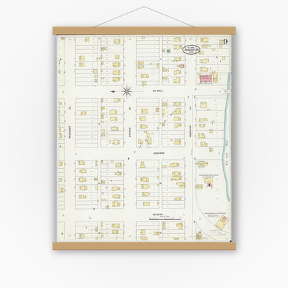 Old map wall art mockup — magnetic wood frame on white wall — Sanborn Fire Insurance Map from Crookston, Polk County, Minnesota (1906), Sheet #0009