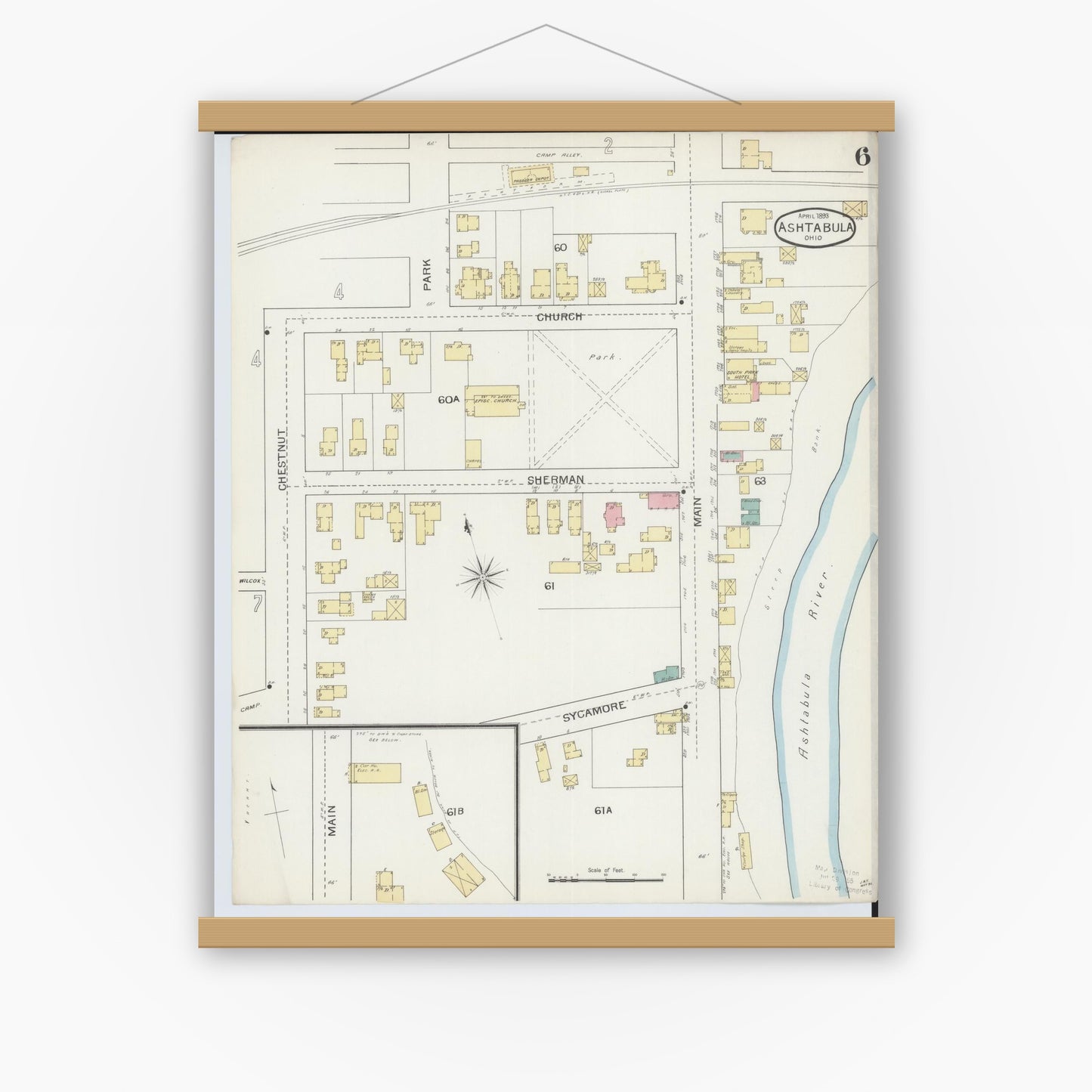 Old map wall art mockup — magnetic wood frame on white wall — Sanborn Fire Insurance Map from Ashtabula, Ashtabula County, Ohio (1893), Sheet #0006