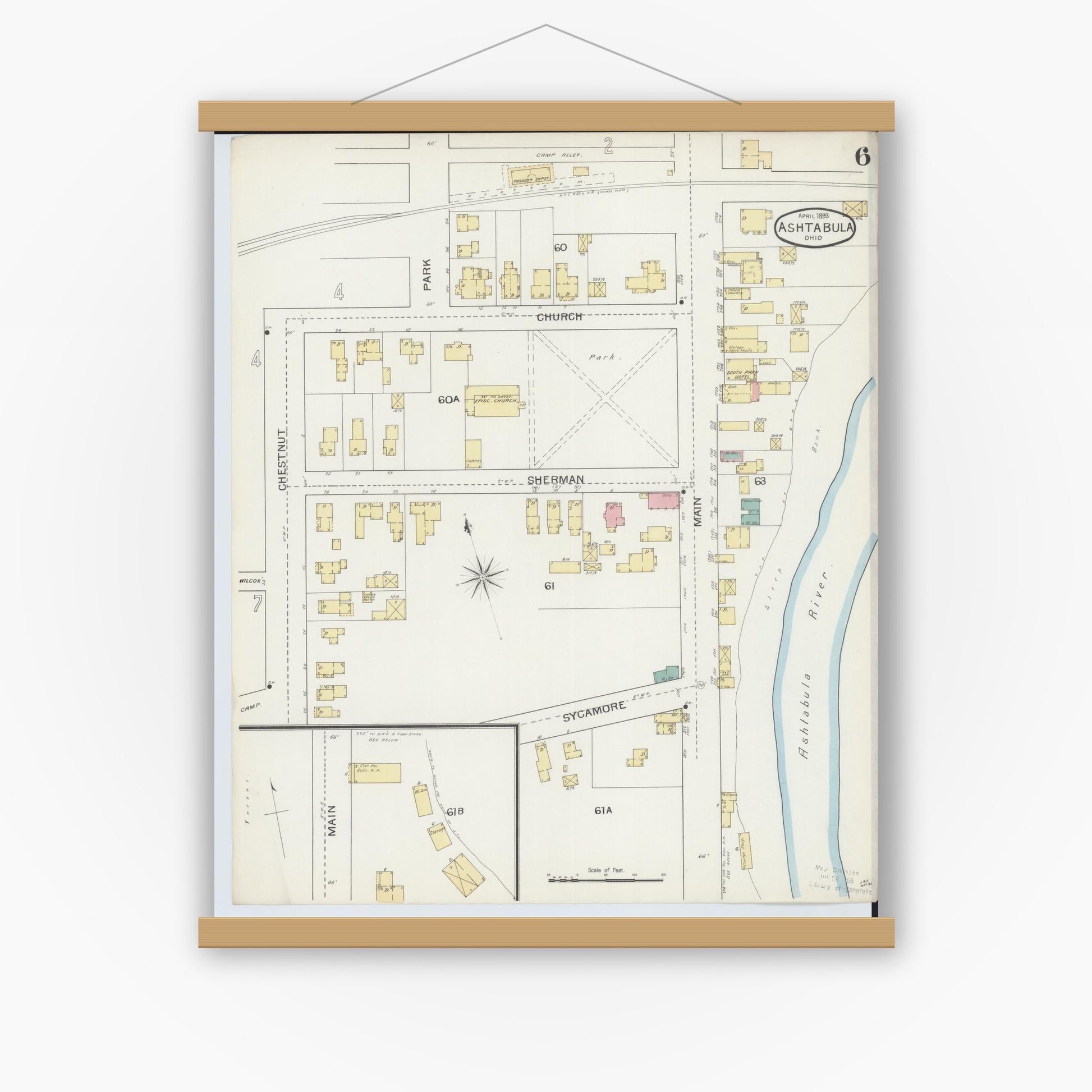Old map wall art mockup — magnetic wood frame on white wall — Sanborn Fire Insurance Map from Ashtabula, Ashtabula County, Ohio (1893), Sheet #0006