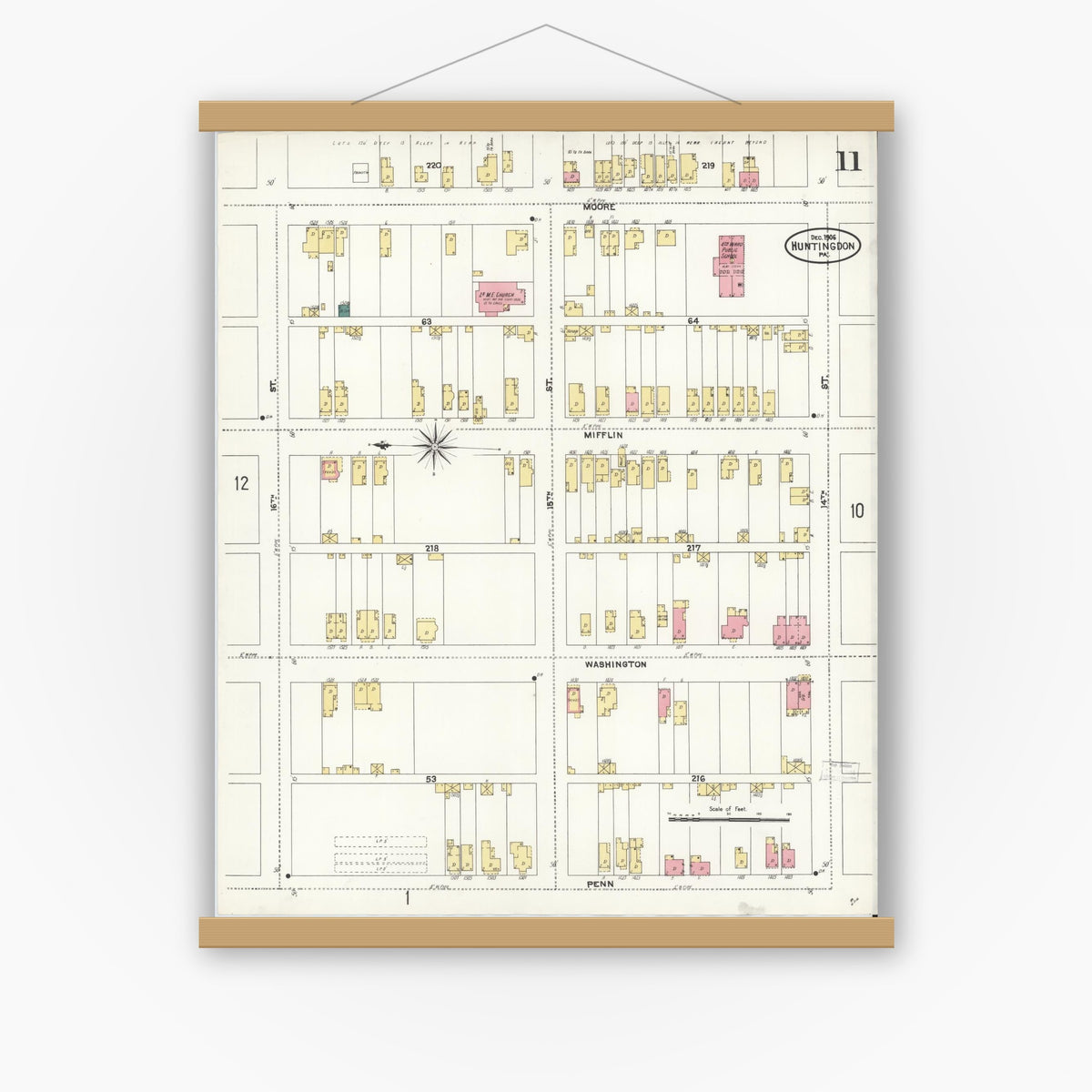 Old map wall art mockup — magnetic wood frame on white wall — Sanborn Fire Insurance Map from Huntingdon, Huntingdon County, Pennsylvania (1906), Sheet #0011