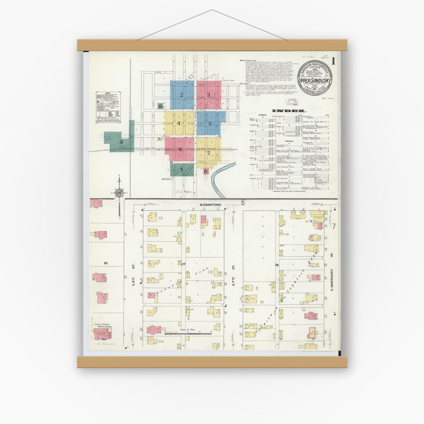 Old map wall art mockup — magnetic wood frame on white wall — Sanborn Fire Insurance Map from Upper Sandusky, Wyandot County, Ohio (1911) - Complete Map Set