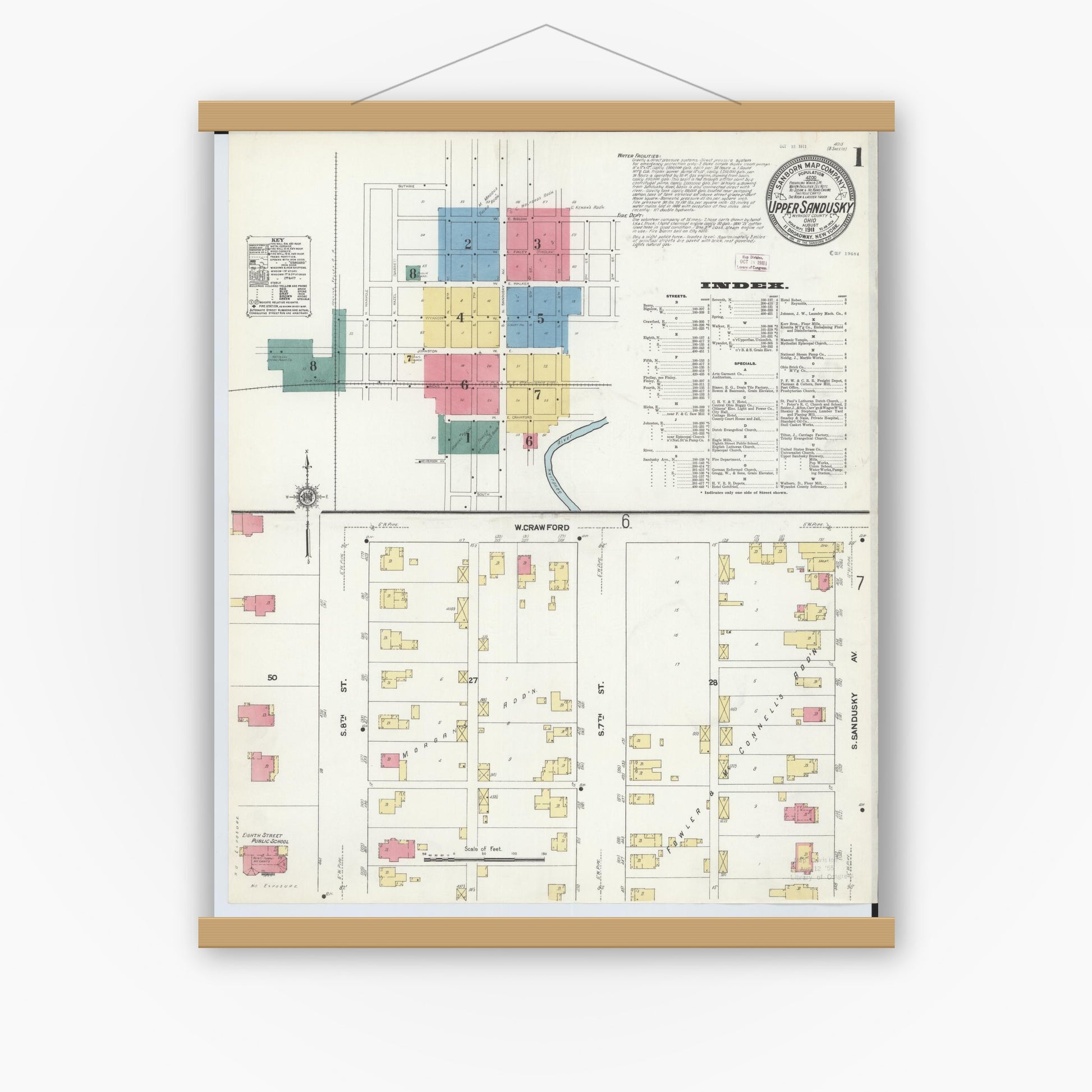 Old map wall art mockup — magnetic wood frame on white wall — Sanborn Fire Insurance Map from Upper Sandusky, Wyandot County, Ohio (1911) - Complete Map Set