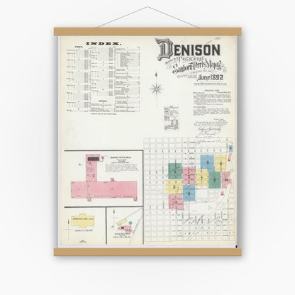 Old map wall art mockup — magnetic wood frame on white wall — Sanborn Fire Insurance Map from Denison, Grayson County, Texas (1892), Sheet #0001