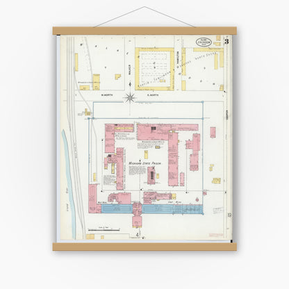 Old map wall art mockup — magnetic wood frame on white wall — Sanborn Fire Insurance Map from Jackson, Jackson County, Michigan (1899), Sheet #0003