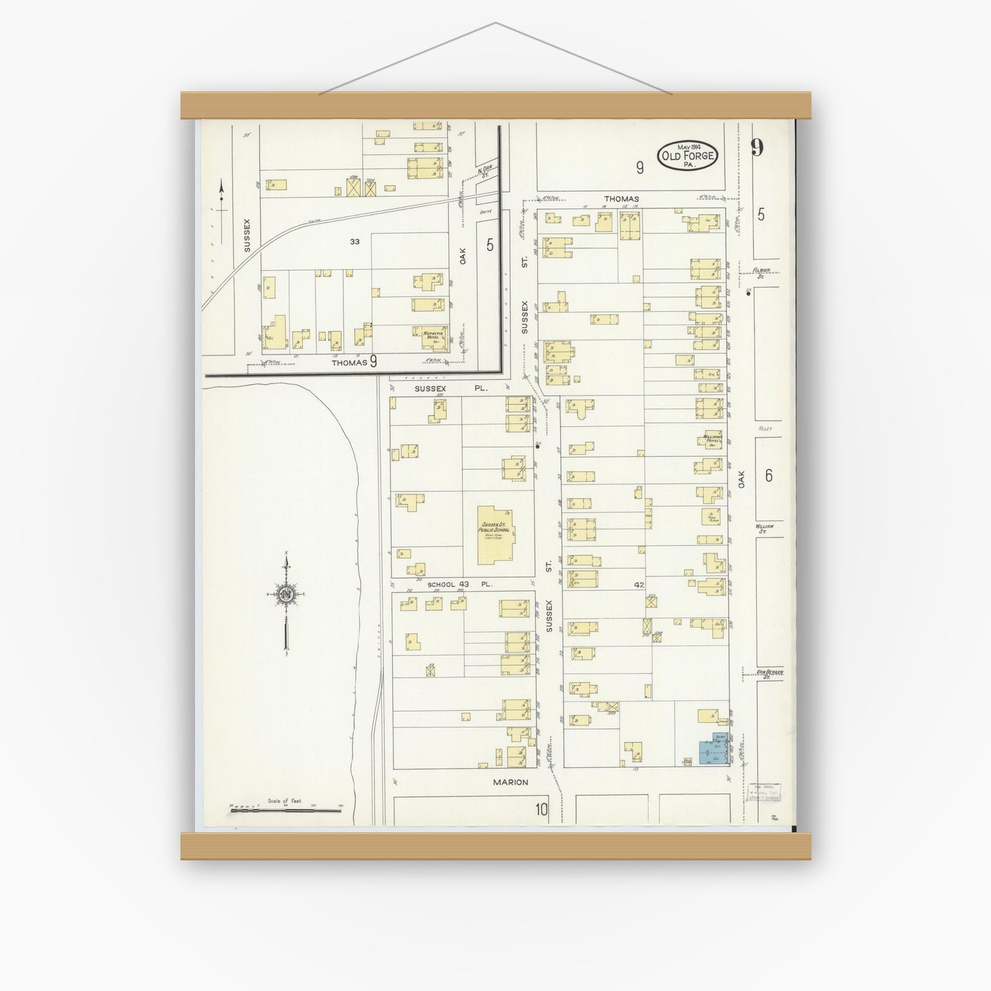 Old map wall art mockup — magnetic wood frame on white wall — Sanborn Fire Insurance Map from Old Forge, Lackawanna County, Pennsylvania (1914), Sheet #0009
