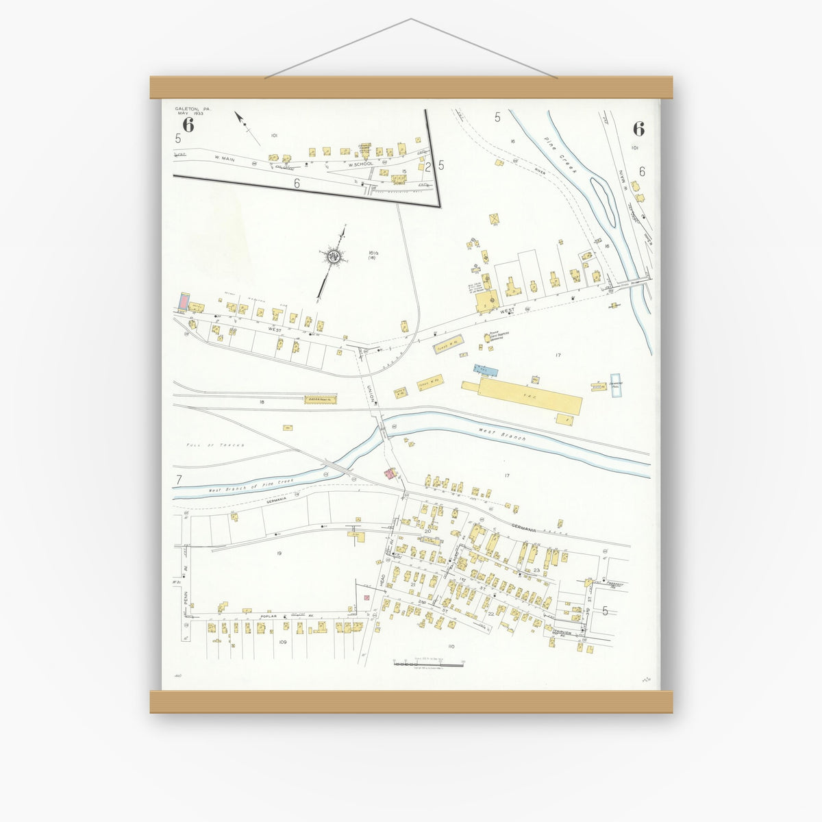 Old map wall art mockup — magnetic wood frame on white wall — Sanborn Fire Insurance Map from Galeton, Potter County, Pennsylvania (1933), Sheet #0006