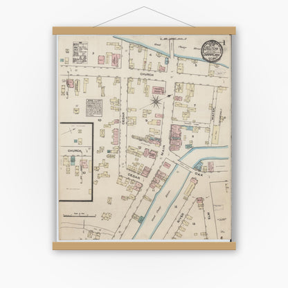 Old map wall art mockup — magnetic wood frame on white wall — Sanborn Fire Insurance Map from Champlain, Clinton County, New York (1884), Sheet #0001