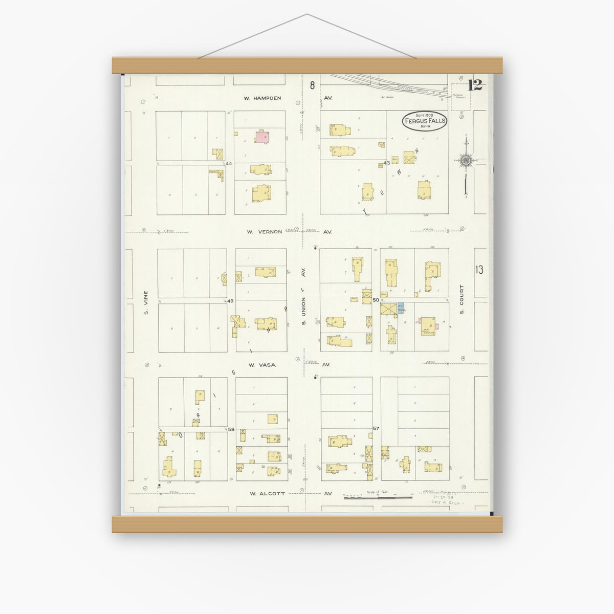 Old map wall art mockup — magnetic wood frame on white wall — Sanborn Fire Insurance Map from Fergus Falls, Otter Tail County, Minnesota (1909), Sheet #0012