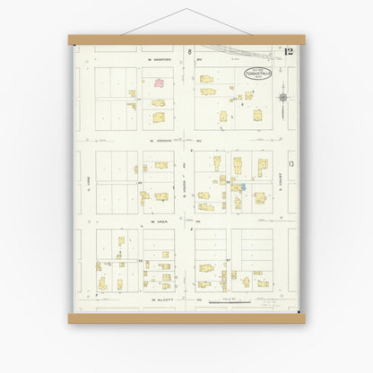 Old map wall art mockup — magnetic wood frame on white wall — Sanborn Fire Insurance Map from Fergus Falls, Otter Tail County, Minnesota (1909), Sheet #0012