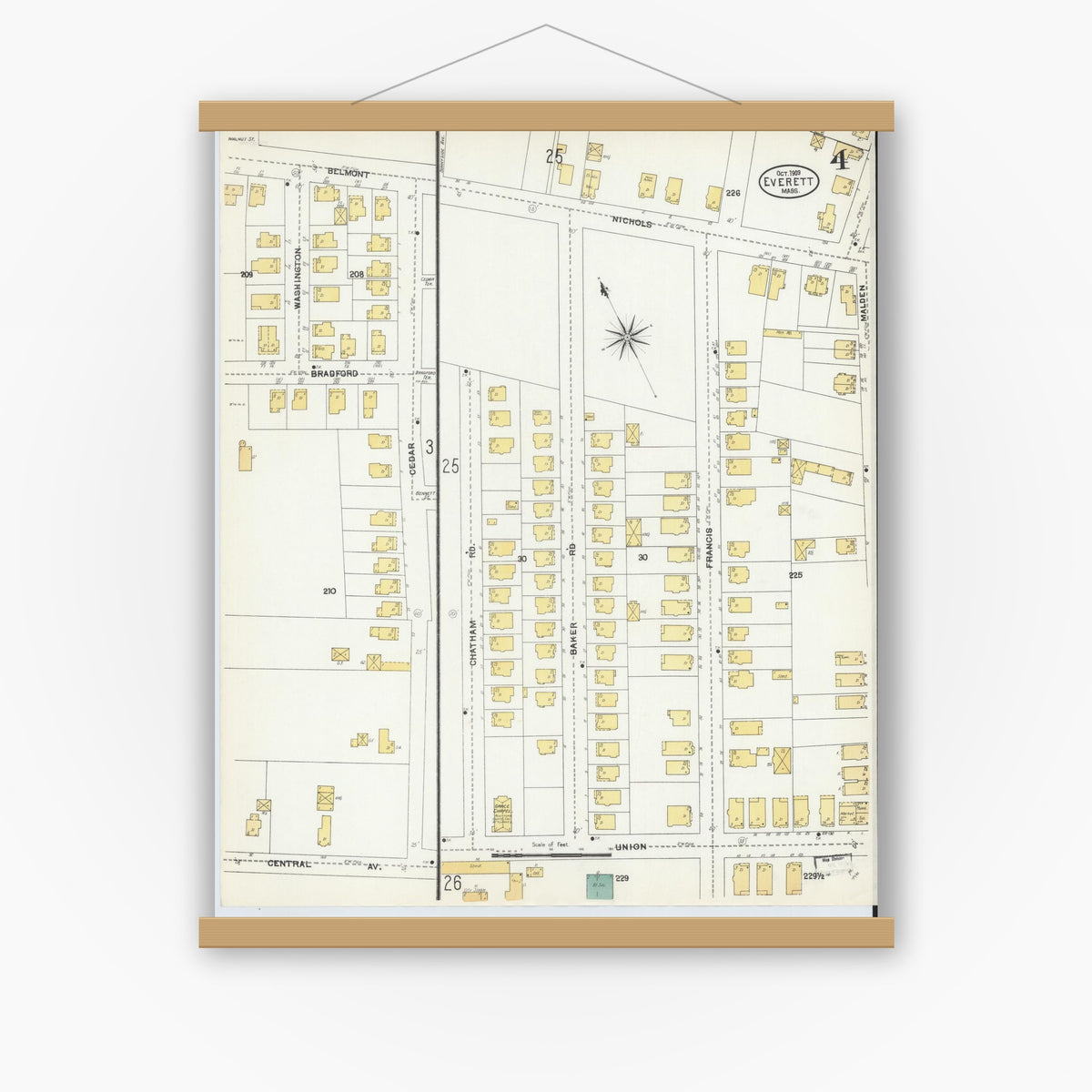 Old map wall art mockup — magnetic wood frame on white wall — Sanborn Fire Insurance Map from Everett, Middlesex County, Massachusetts (1903), Sheet #0004