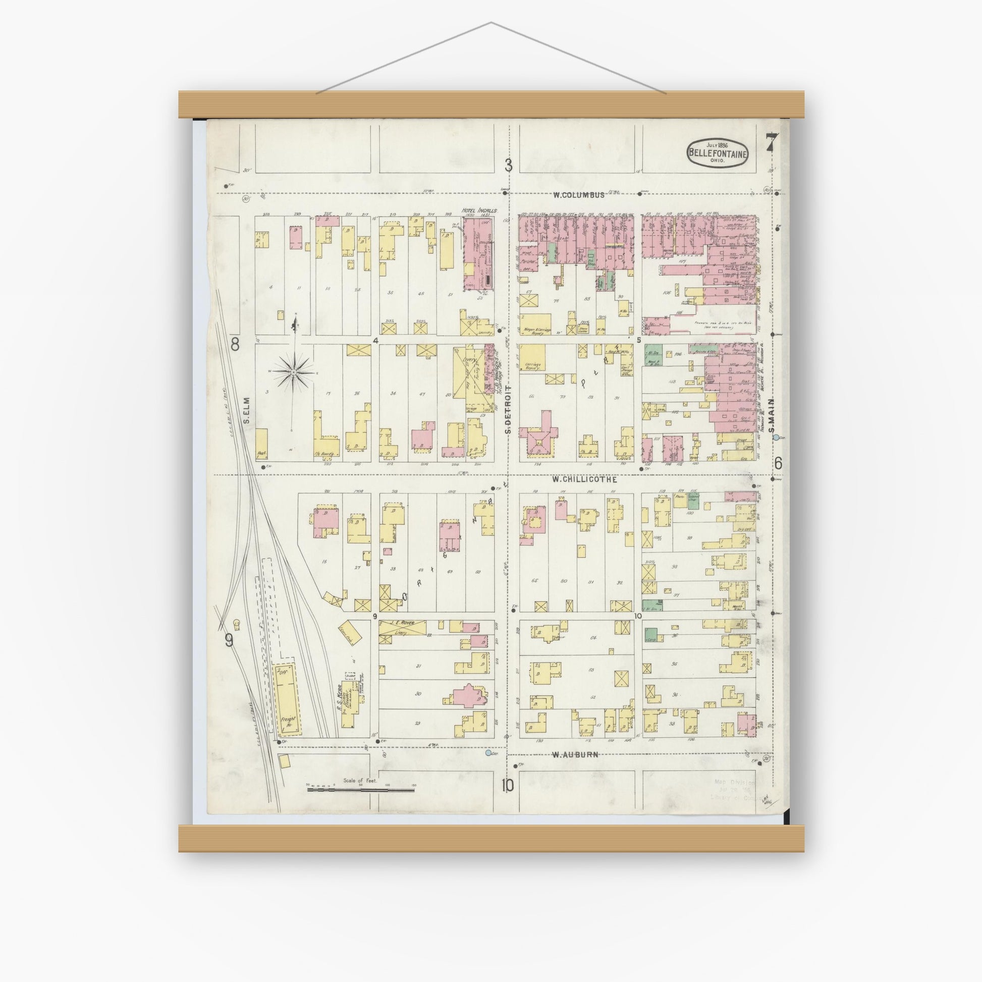 Old map wall art mockup — magnetic wood frame on white wall — Sanborn Fire Insurance Map from Bellefontaine, Logan County, Ohio (1896), Sheet #0007