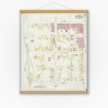 Old map wall art mockup — magnetic wood frame on white wall — Sanborn Fire Insurance Map from Bellefontaine, Logan County, Ohio (1896), Sheet #0007