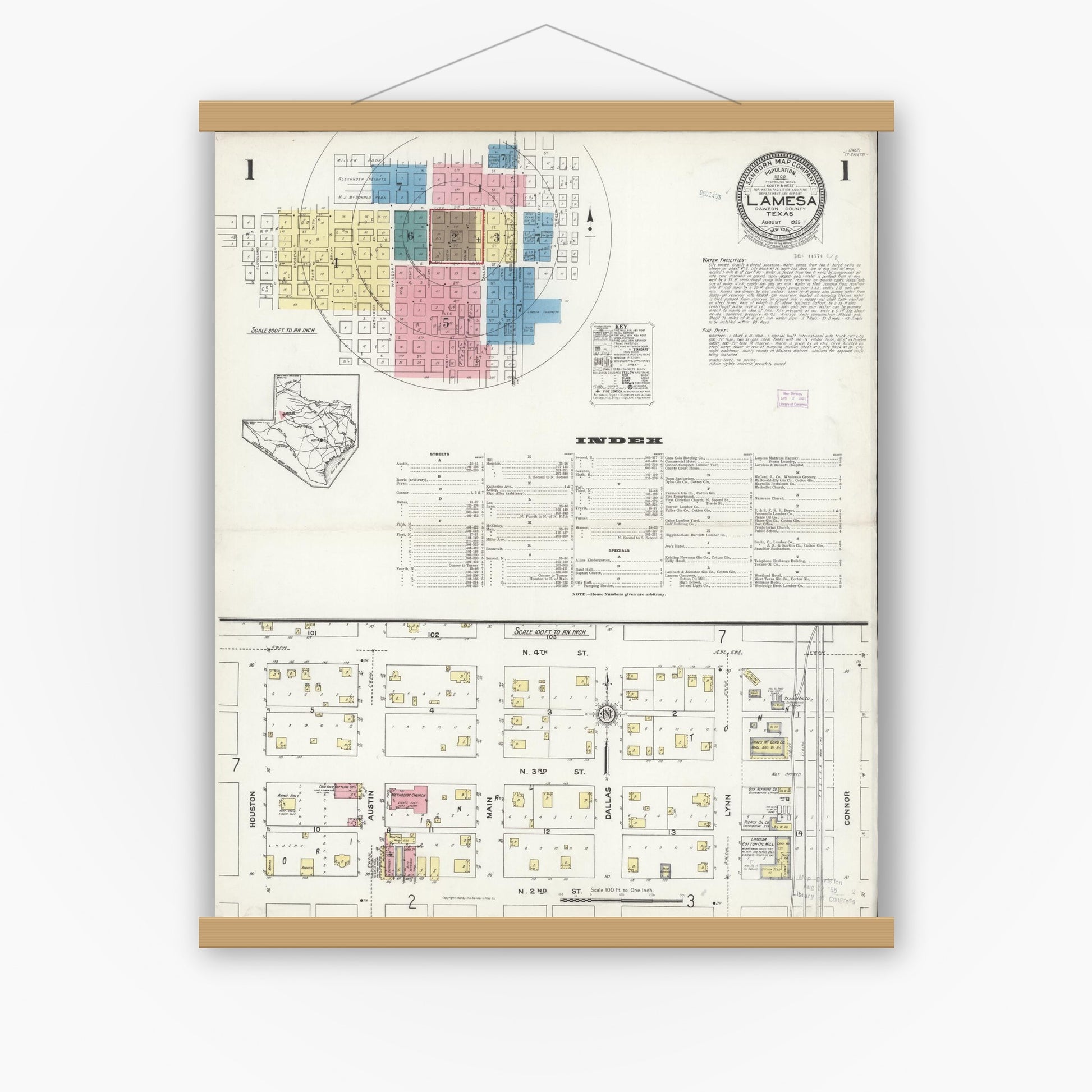 Old map wall art mockup — magnetic wood frame on white wall — Sanborn Fire Insurance Map from Lamesa, Dawson County, Texas (1925), Sheet #0001
