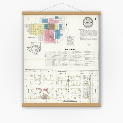 Old map wall art mockup — magnetic wood frame on white wall — Sanborn Fire Insurance Map from Lamesa, Dawson County, Texas (1925), Sheet #0001