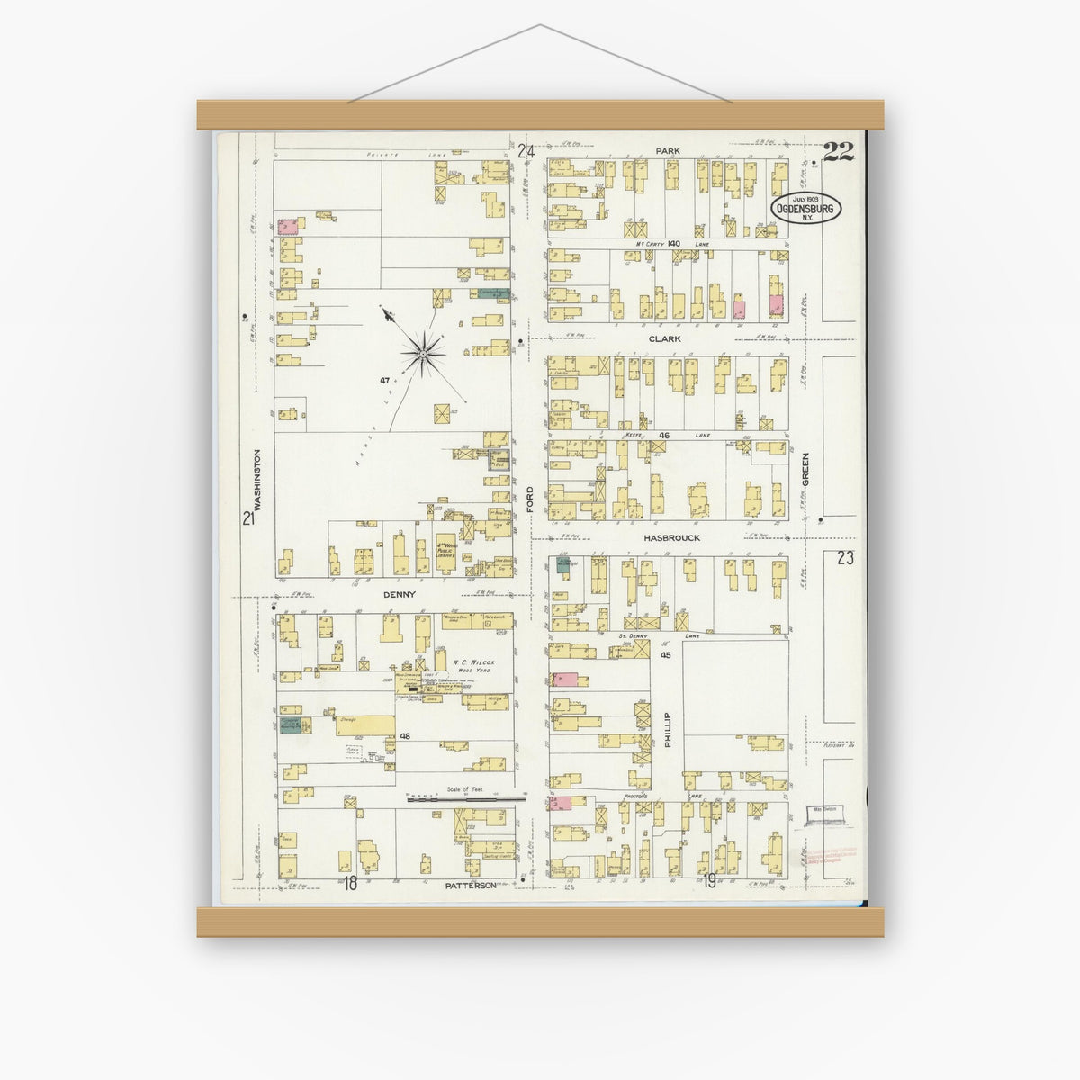 Old map wall art mockup — magnetic wood frame on white wall — Sanborn Fire Insurance Map from Ogdensburg, St. Lawrence County, New York (1909), Sheet #0022
