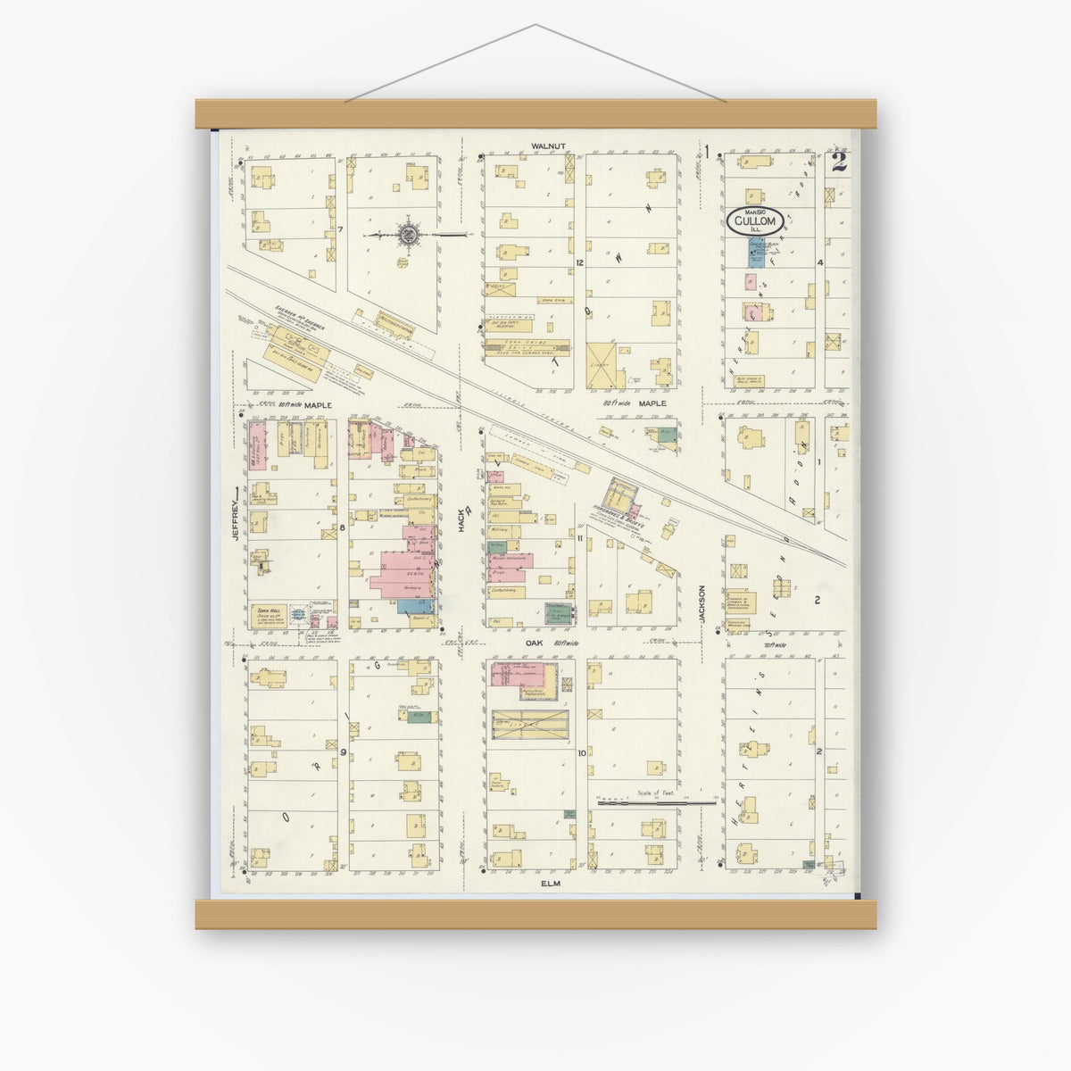 Old map wall art mockup — magnetic wood frame on white wall — Sanborn Fire Insurance Map from Cullom, Livingston County, Illinois (1910), Sheet #0002