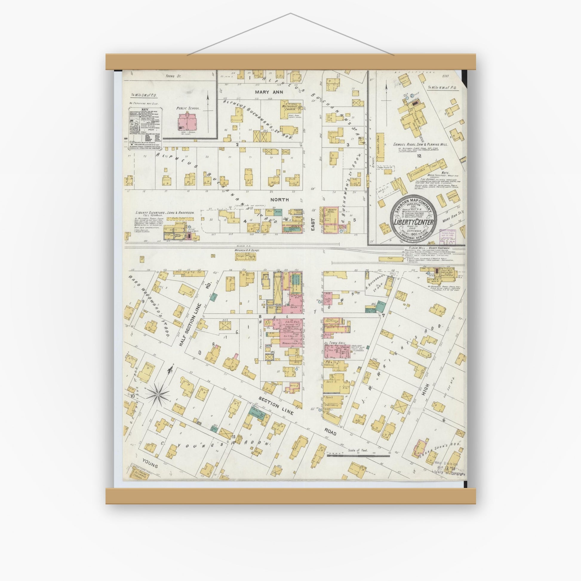 Old map wall art mockup — magnetic wood frame on white wall — Sanborn Fire Insurance Map from Liberty Center, Henry County, Ohio (1905), Sheet #0001