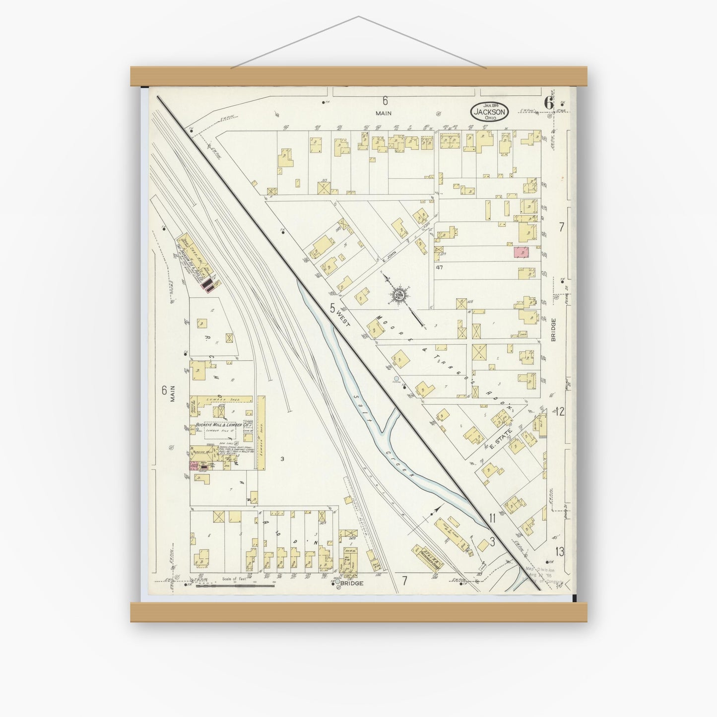 Old map wall art mockup — magnetic wood frame on white wall — Sanborn Fire Insurance Map from Jackson, Jackson County, Ohio (1914), Sheet #0006