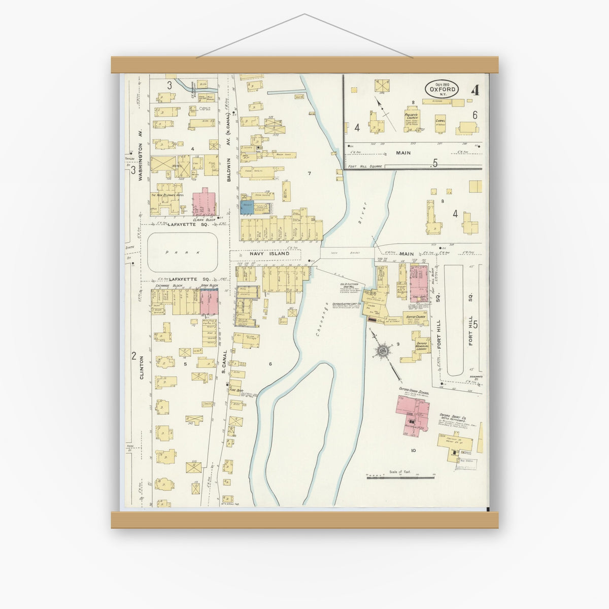 Old map wall art mockup — magnetic wood frame on white wall — Sanborn Fire Insurance Map from Oxford, Chenango County, New York (1910), Sheet #0004