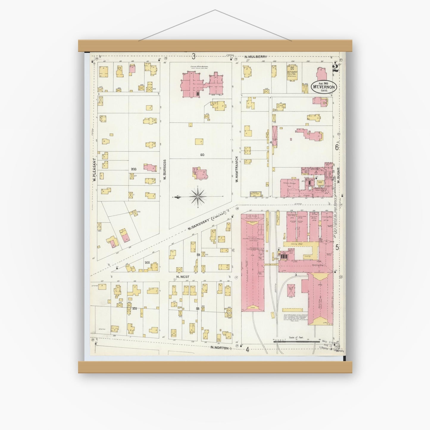 Old map wall art mockup — magnetic wood frame on white wall — Sanborn Fire Insurance Map from Mount Vernon, Knox County, Ohio (1903), Sheet #0002