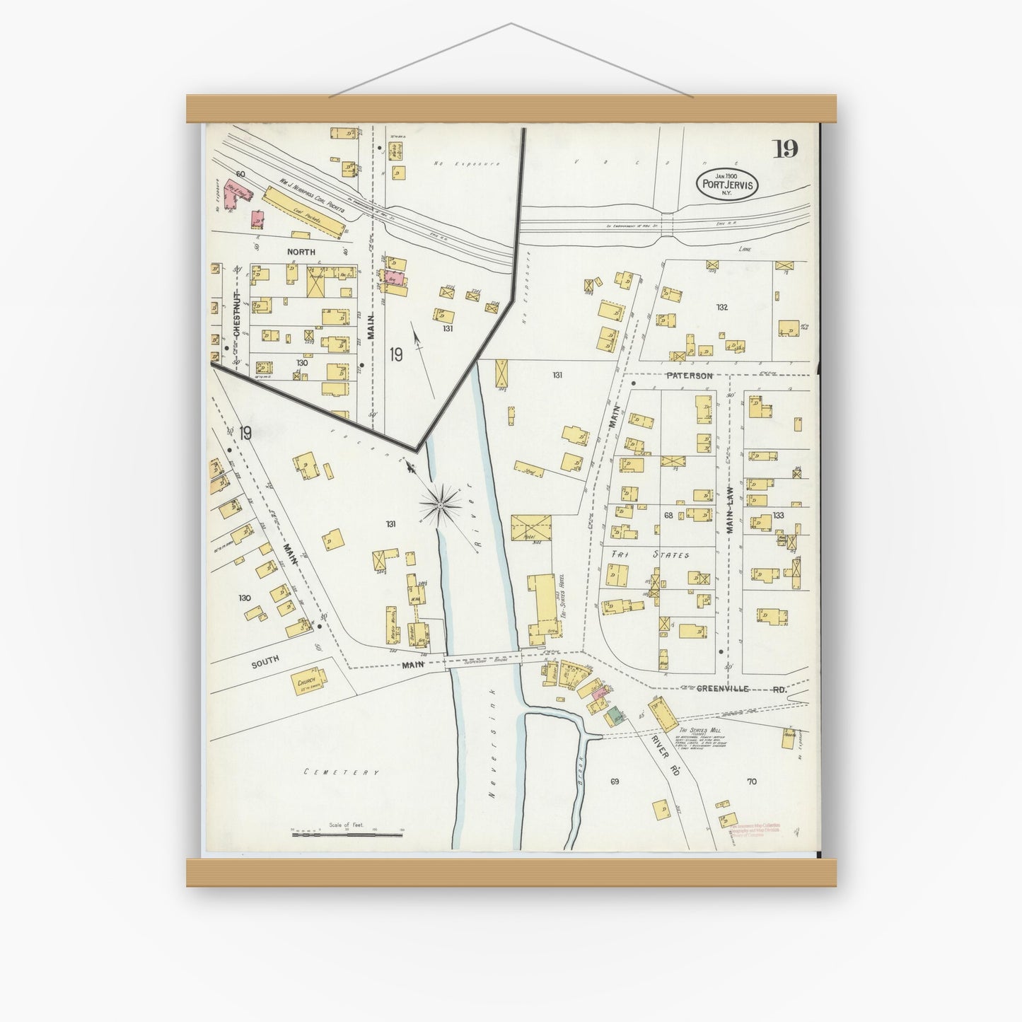 Old map wall art mockup — magnetic wood frame on white wall — Sanborn Fire Insurance Map from Port Jervis, Orange County, New York (1900), Sheet #0019