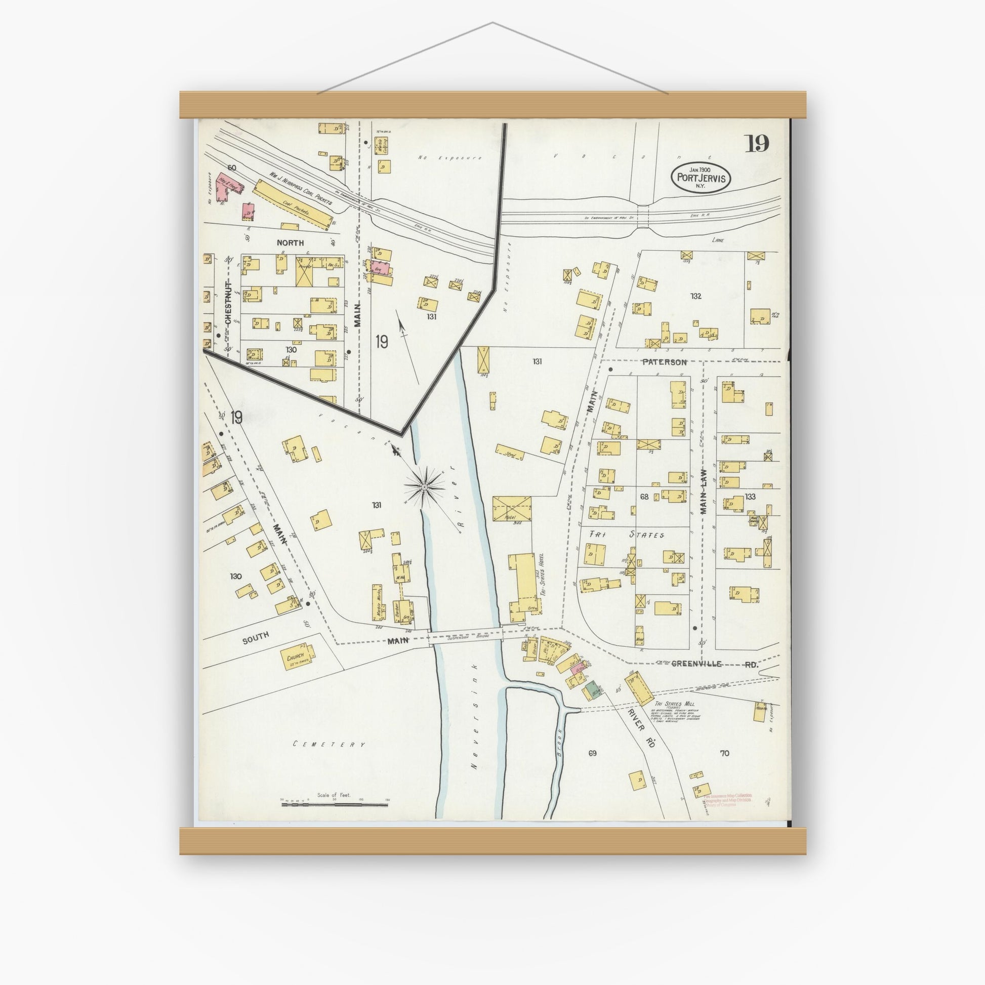 Old map wall art mockup — magnetic wood frame on white wall — Sanborn Fire Insurance Map from Port Jervis, Orange County, New York (1900), Sheet #0019