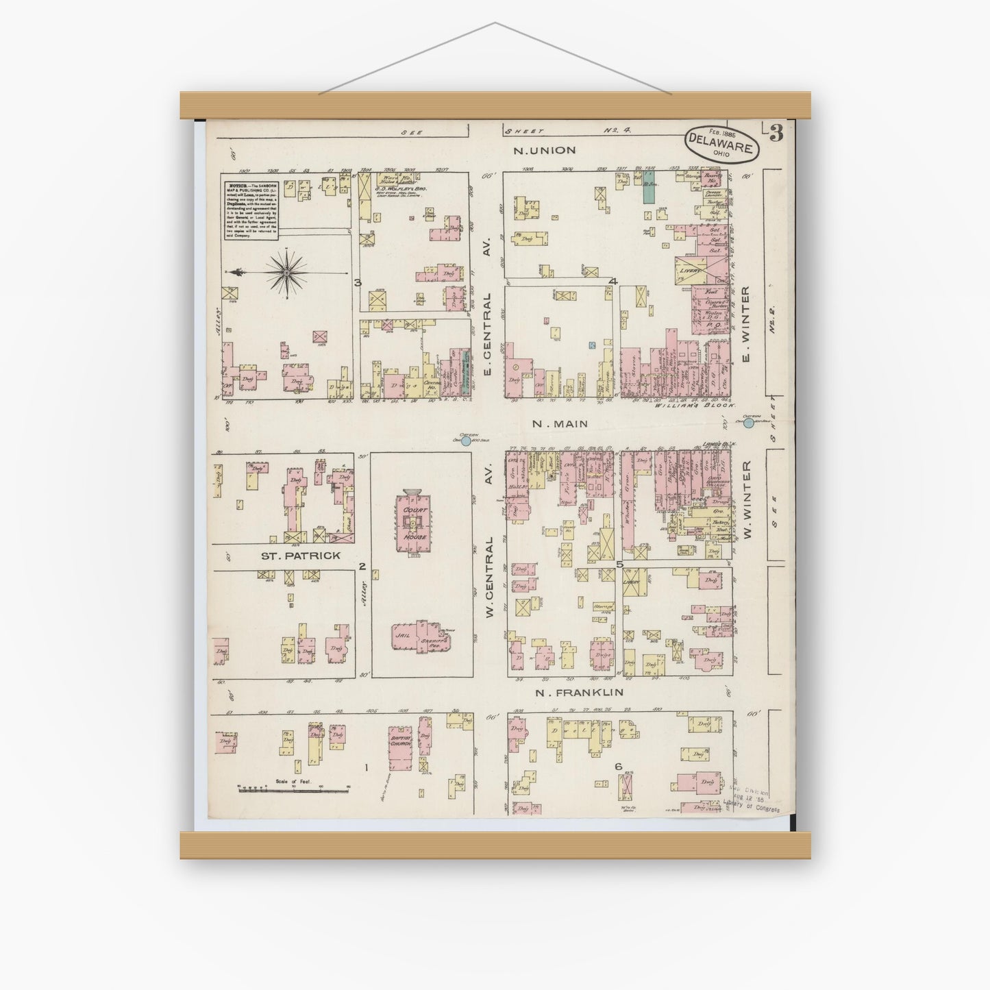 Old map wall art mockup — magnetic wood frame on white wall — Sanborn Fire Insurance Map from Delaware, Delaware County, Ohio (1885), Sheet #0003