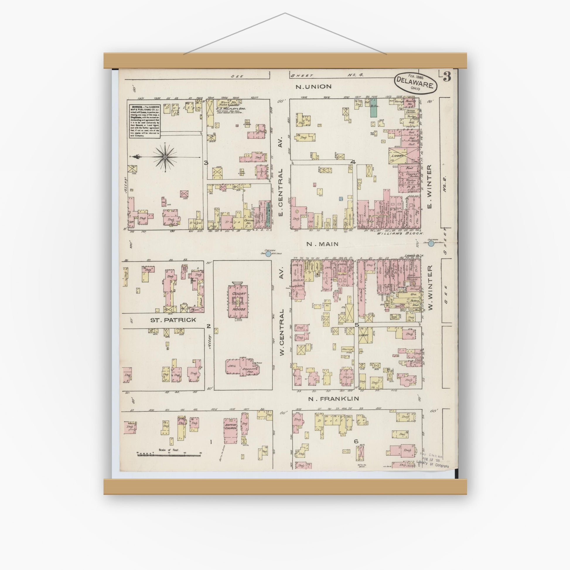 Old map wall art mockup — magnetic wood frame on white wall — Sanborn Fire Insurance Map from Delaware, Delaware County, Ohio (1885), Sheet #0003