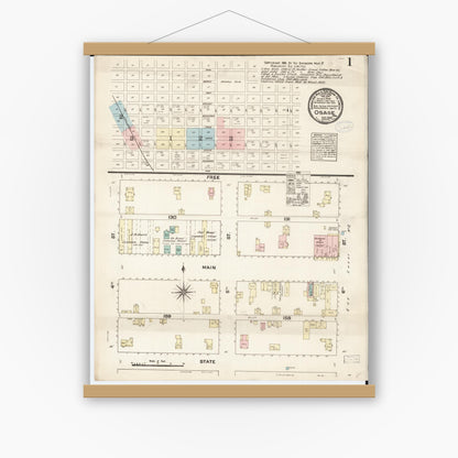 Old map wall art mockup — magnetic wood frame on white wall — Sanborn Fire Insurance Map from Osage, Mitchell County, Iowa (1883), Sheet #0001
