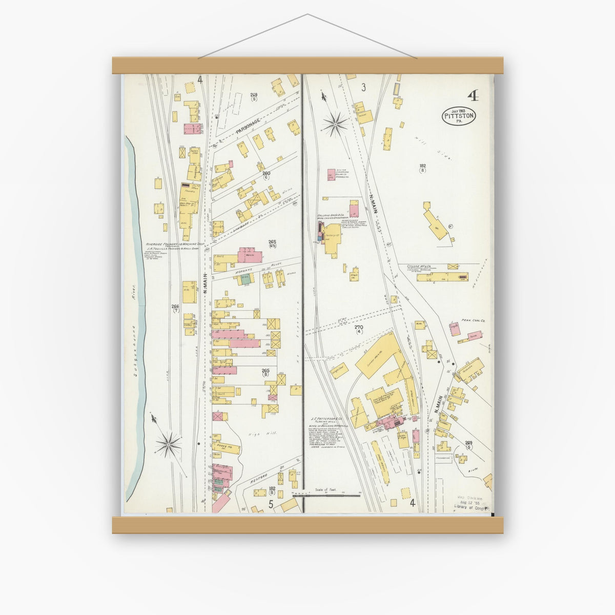 Old map wall art mockup — magnetic wood frame on white wall — Sanborn Fire Insurance Map from Pittston, Luzerne County, Pennsylvania (1903), Sheet #0004
