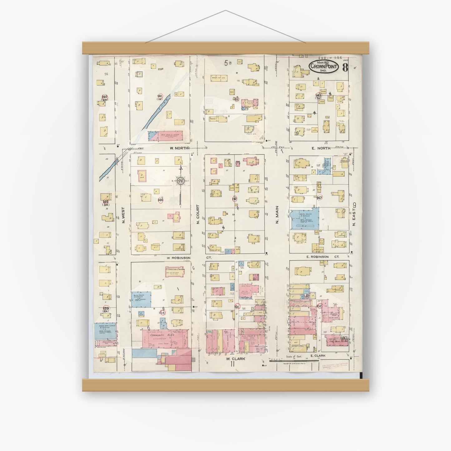 Old map wall art mockup — magnetic wood frame on white wall — Sanborn Fire Insurance Map from Crown Point, Lake County, Indiana (1948), Sheet #0008