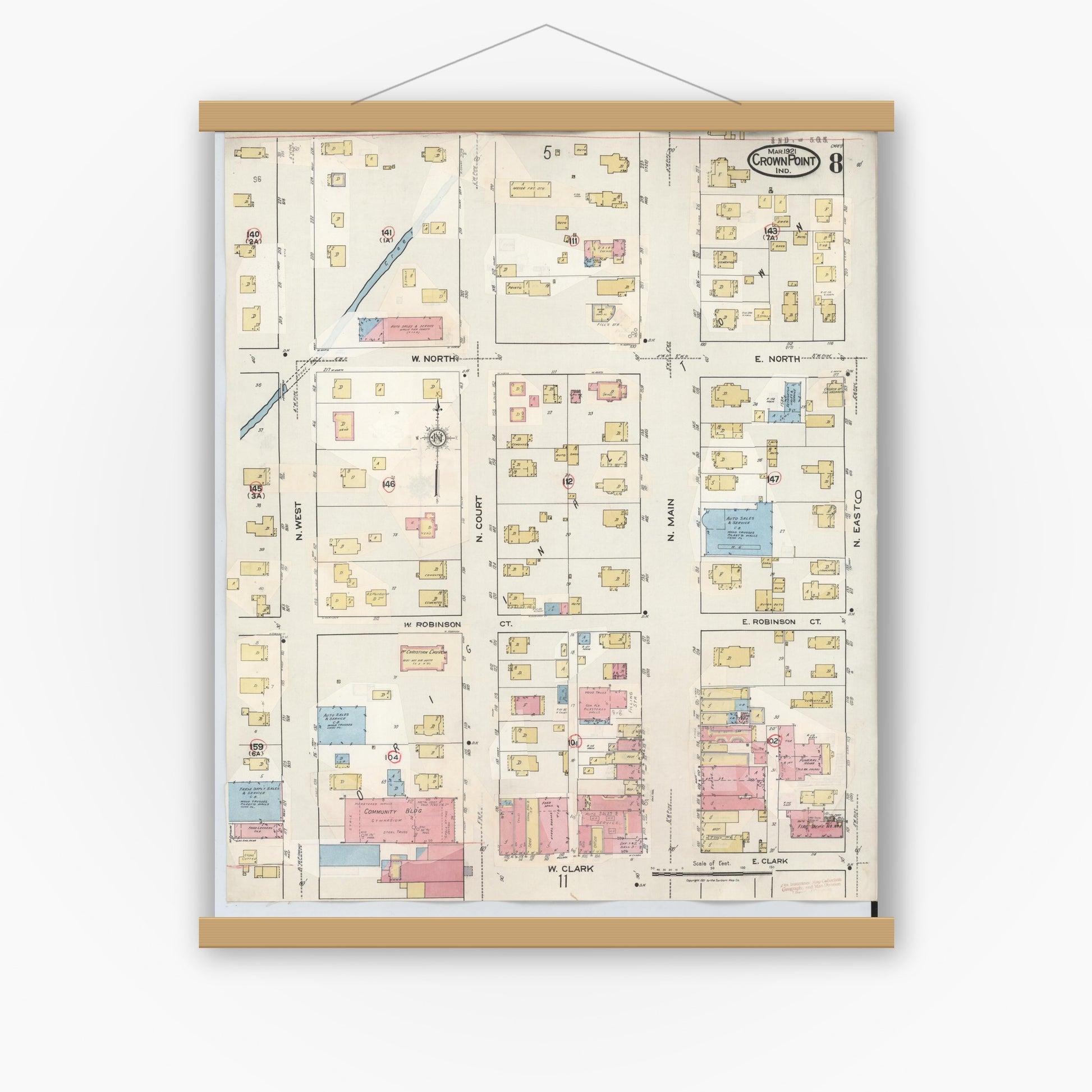Old map wall art mockup — magnetic wood frame on white wall — Sanborn Fire Insurance Map from Crown Point, Lake County, Indiana (1948), Sheet #0008