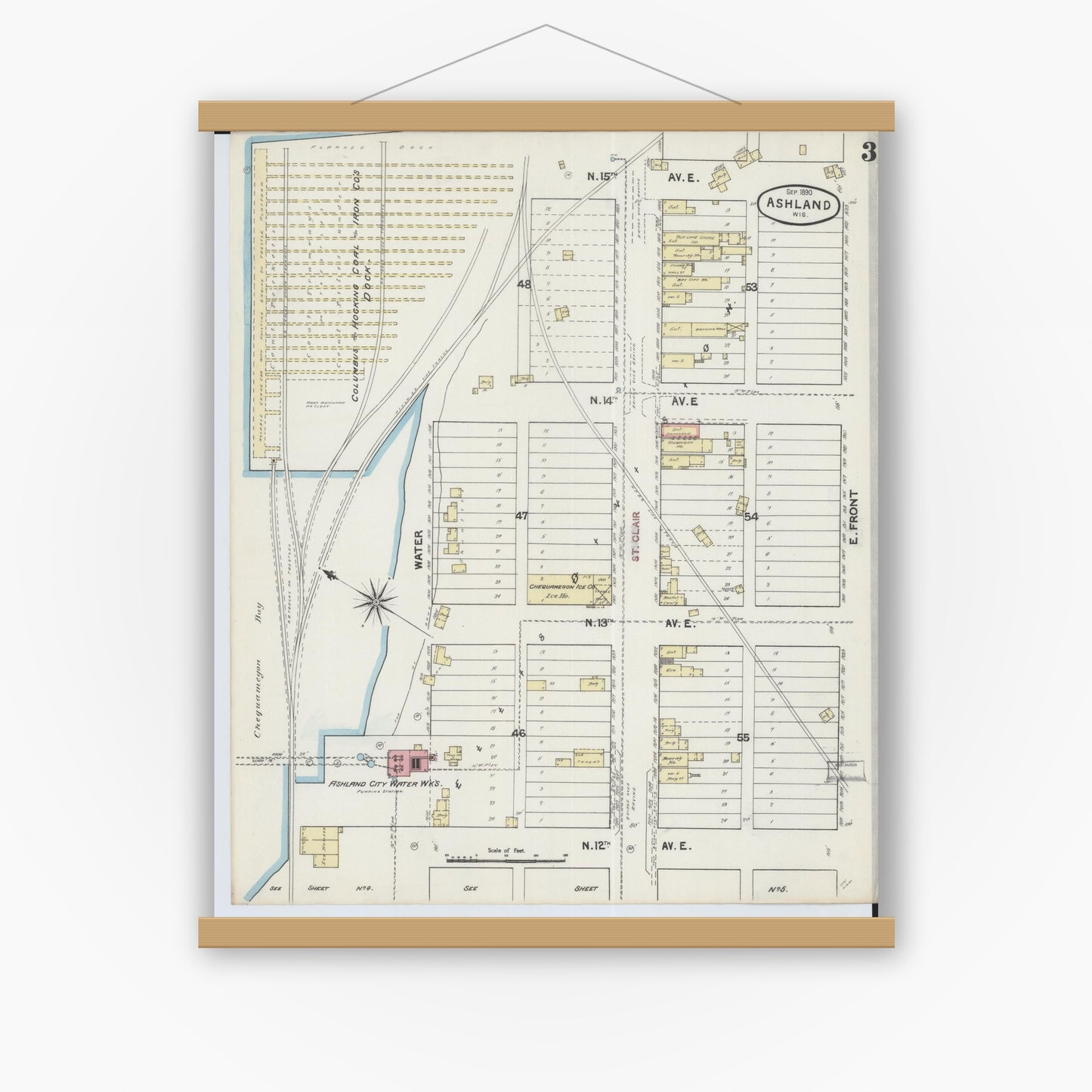 Old map wall art mockup — magnetic wood frame on white wall — Sanborn Fire Insurance Map from Ashland, Ashland County, Wisconsin (1890), Sheet #0003
