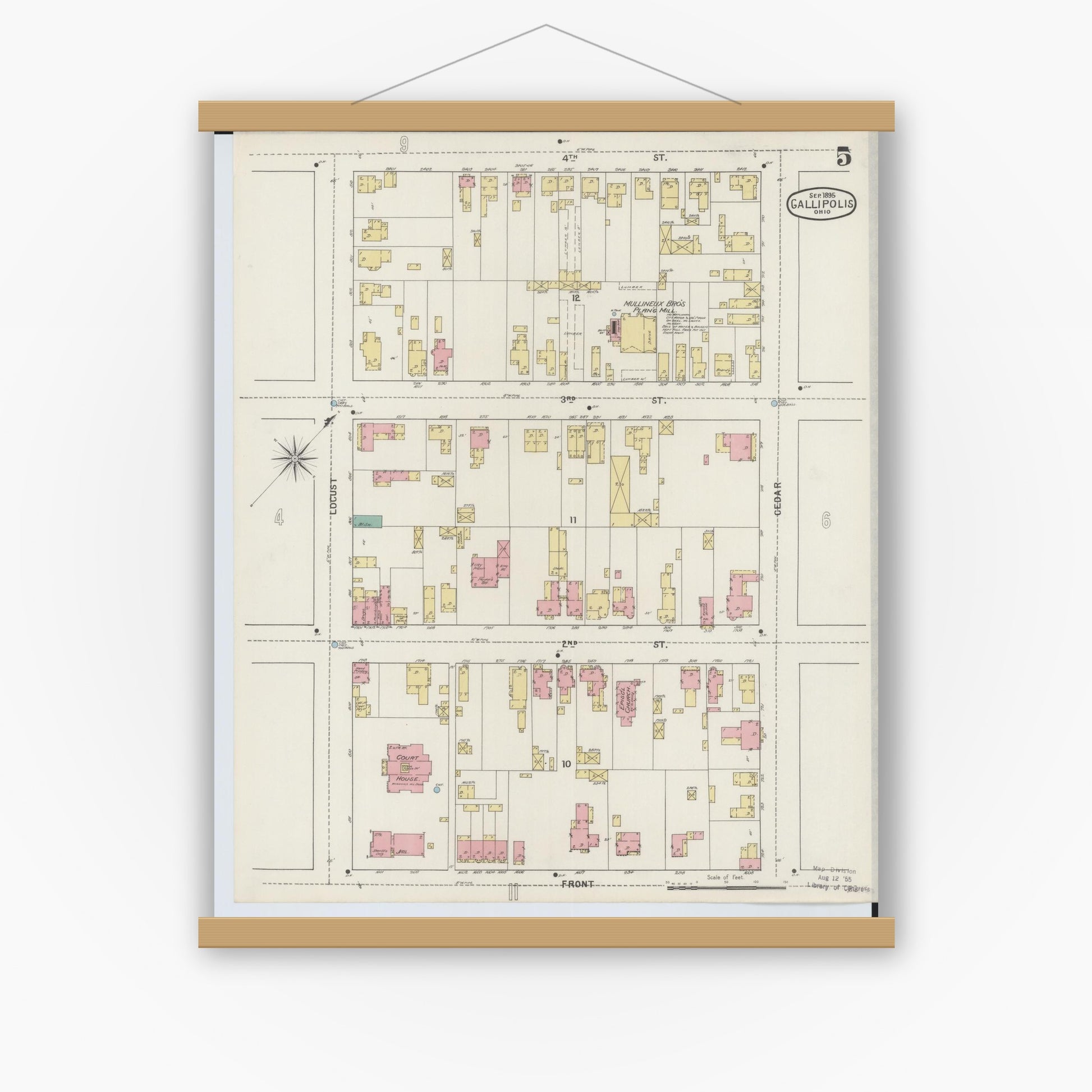 Old map wall art mockup — magnetic wood frame on white wall — Sanborn Fire Insurance Map from Gallipolis, Gallia County, Ohio (1895), Sheet #0005