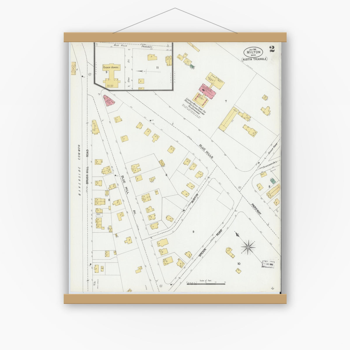 Old map wall art mockup — magnetic wood frame on white wall — Sanborn Fire Insurance Map from Milton, Norfolk County, Massachusetts (1901), Sheet #0002