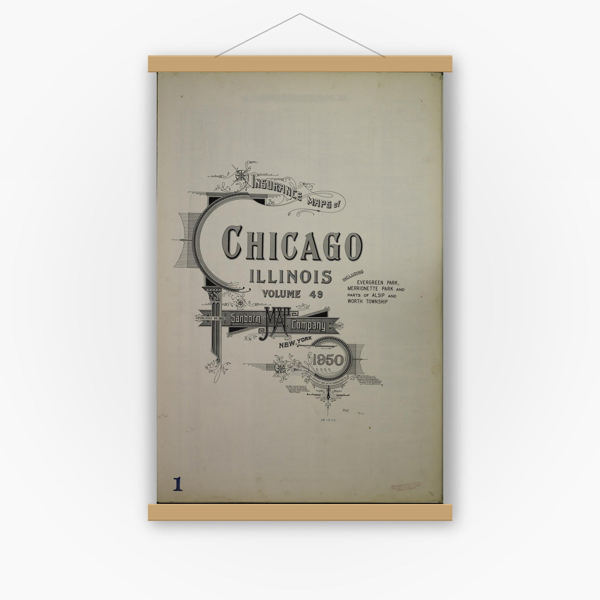 Old map wall art mockup — magnetic wood frame on white wall — Sanborn Fire Insurance Map from Chicago, Cook County, Illinois (1950), Sheet #0001