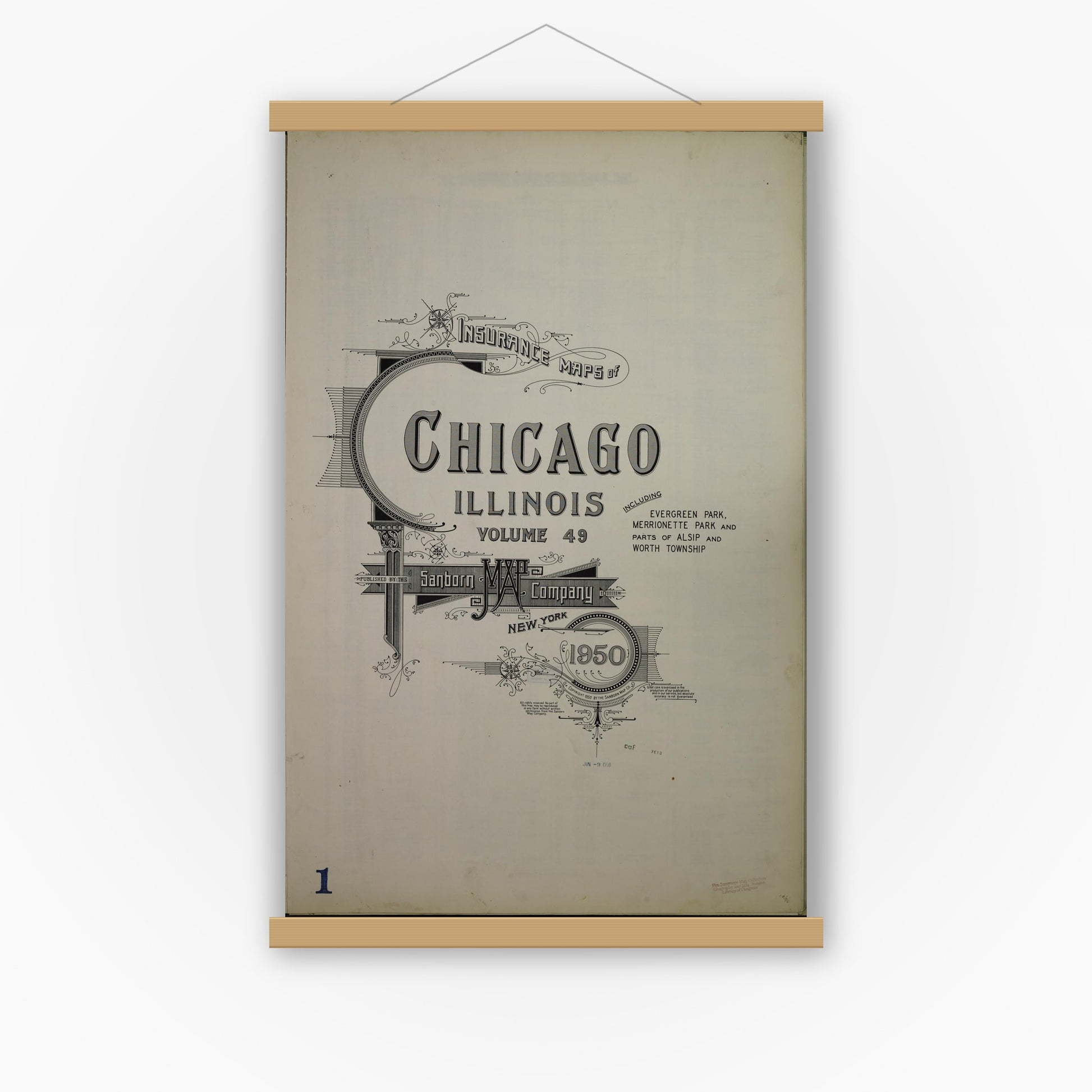 Old map wall art mockup — magnetic wood frame on white wall — Sanborn Fire Insurance Map from Chicago, Cook County, Illinois (1950), Sheet #0001
