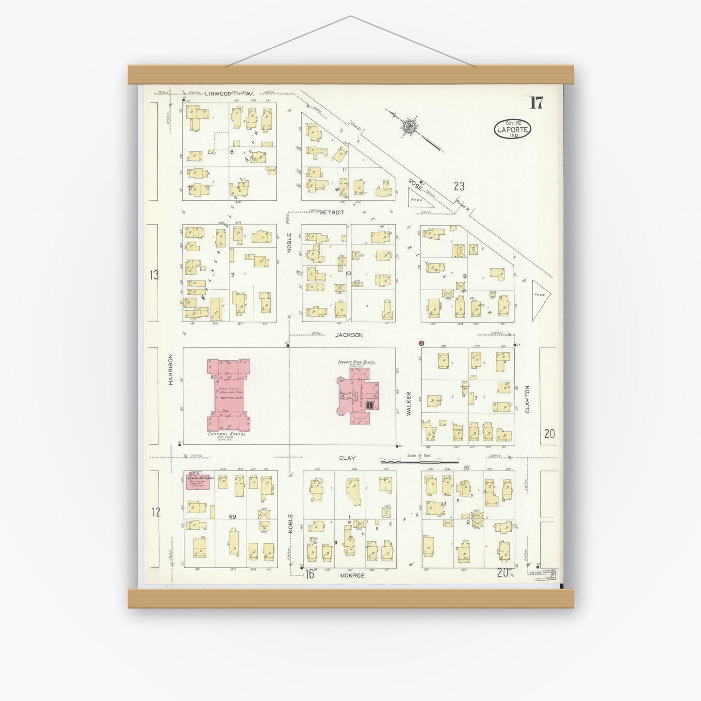 Old map wall art mockup — magnetic wood frame on white wall — Sanborn Fire Insurance Map from La Porte, La Porte County, Indiana (1912), Sheet #0017
