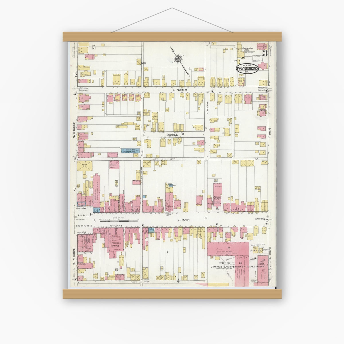 Old map wall art mockup — magnetic wood frame on white wall — Sanborn Fire Insurance Map from Waynesboro, Franklin County, Pennsylvania (1916), Sheet #0003
