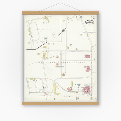 Old map wall art mockup — magnetic wood frame on white wall — Sanborn Fire Insurance Map from State College, Centre County, Pennsylvania (1911), Sheet #0002