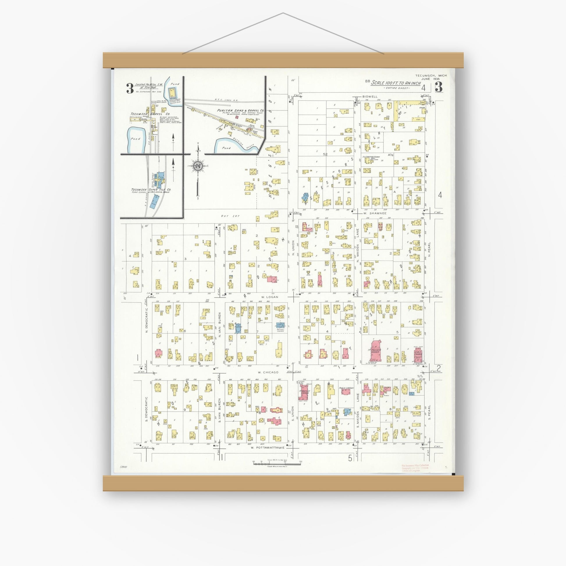 Old map wall art mockup — magnetic wood frame on white wall — Sanborn Fire Insurance Map from Tecumseh, Lenawee County, Michigan (1935), Sheet #0003