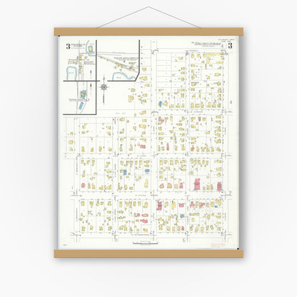 Old map wall art mockup — magnetic wood frame on white wall — Sanborn Fire Insurance Map from Tecumseh, Lenawee County, Michigan (1935), Sheet #0003