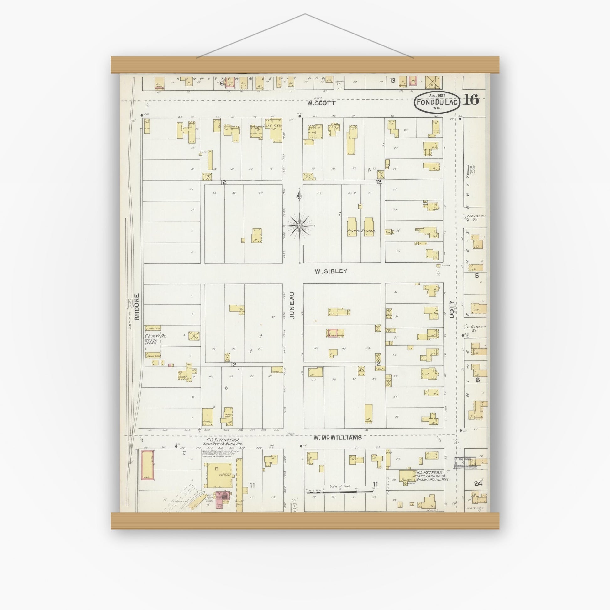 Old map wall art mockup — magnetic wood frame on white wall — Sanborn Fire Insurance Map from Fond du Lac, Fond du Lac County, Wisconsin (1892), Sheet #0016